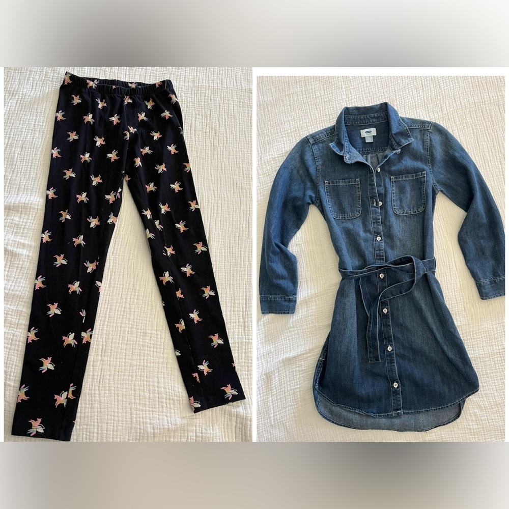 BUNDLE Girls L (10/12) Old Navy Denim Belted Dress & Cat & Jack Unicorn Leggings